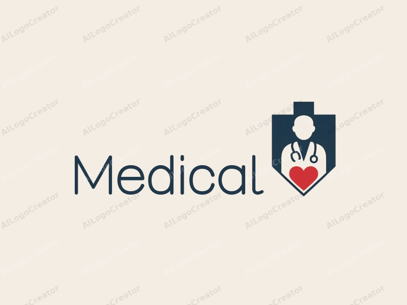 modern design features a stylized hospital silhouette, a doctor figure, a stethoscope intertwined with a heart, combined with a clean background.