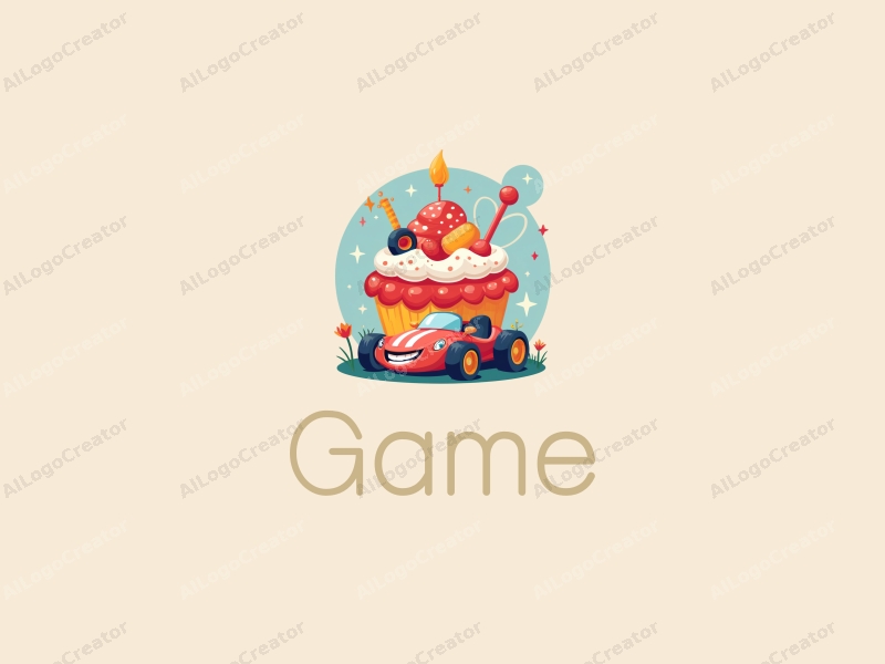 playful design features vibrant colors, a whimsical cake, a stylized toy car, and game elements combined with a clean background.