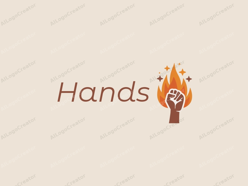 a modern design featuring a stylized hand gripping flames and stars, using skin tone colors combined with a clean background.