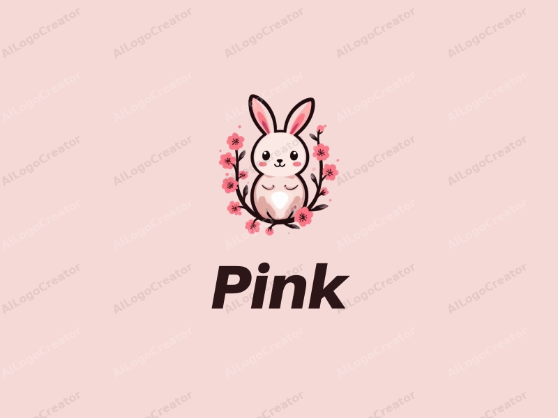 minimalist design features a stylized rabbit intertwined with cherry blossoms, using a soft pink color palette combined with a clean background.