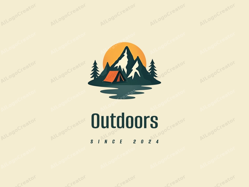 modern design features a stylized camping tent and mountain peak, combined with a clean background and a harmonious composition.