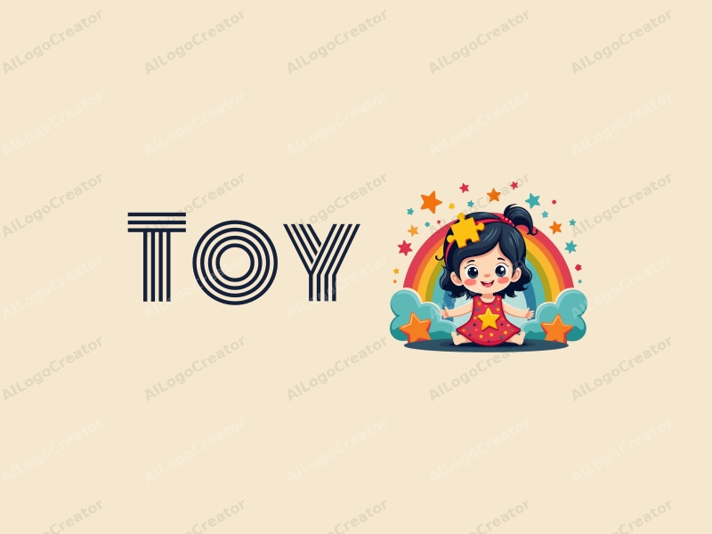 playful design features a whimsical doll and puzzle pieces intertwined with vibrant stars and a rainbow, combined with a clean background.