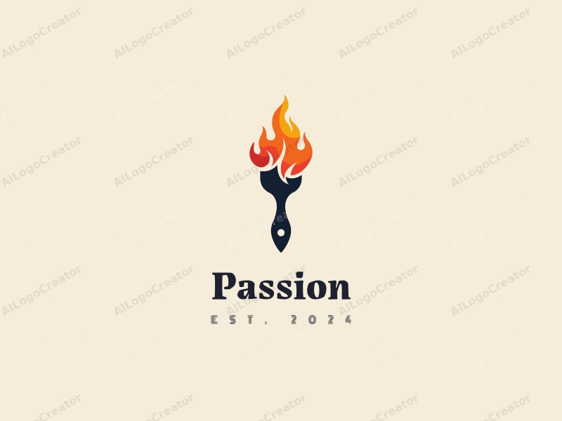 playful design features a dynamic paintbrush intertwined with a flame, symbolizing passion and enthusiasm, combined with a clean background.