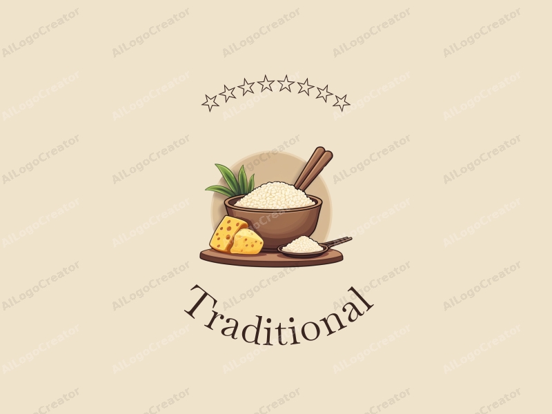 vintage design features traditional rice and cheese elements, a classic aesthetic with earthy tones, combined with a clean background.