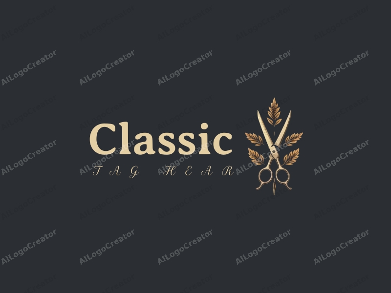 vintage design features elegant leaves intertwined with classic scissors, showcasing a harmonious blend of traditional elements against a clean, dark background.