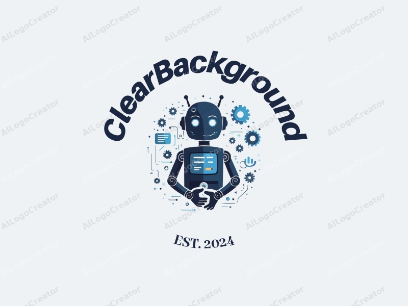 minimalist design features a stylized robot, programming elements, circuits, and gears, combined with a clean and transparent background.