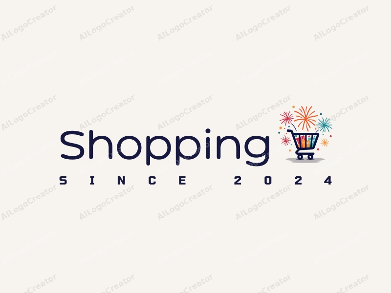 a modern design featuring a colorful shopping cart and vibrant fireworks, combined with a stylized mall silhouette, set against a clean background.