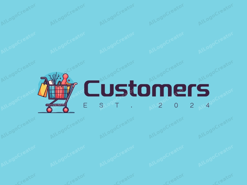 modern design features stylized shopping bags and a shopping cart, with abstract representations of customers and shoppers, combined with a clean blue background.