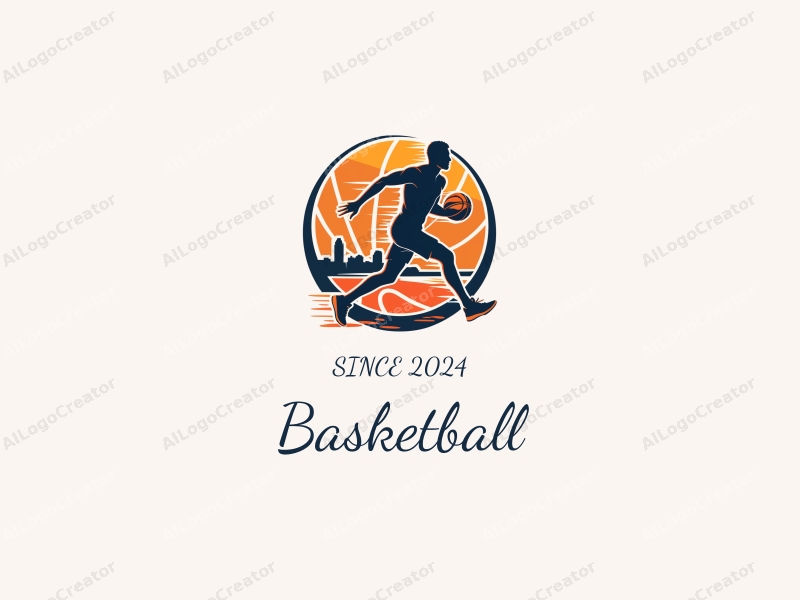 playful design features a dynamic basketball silhouette, an energetic athlete in motion, and a vibrant court background, combined with a clean and simple layout.