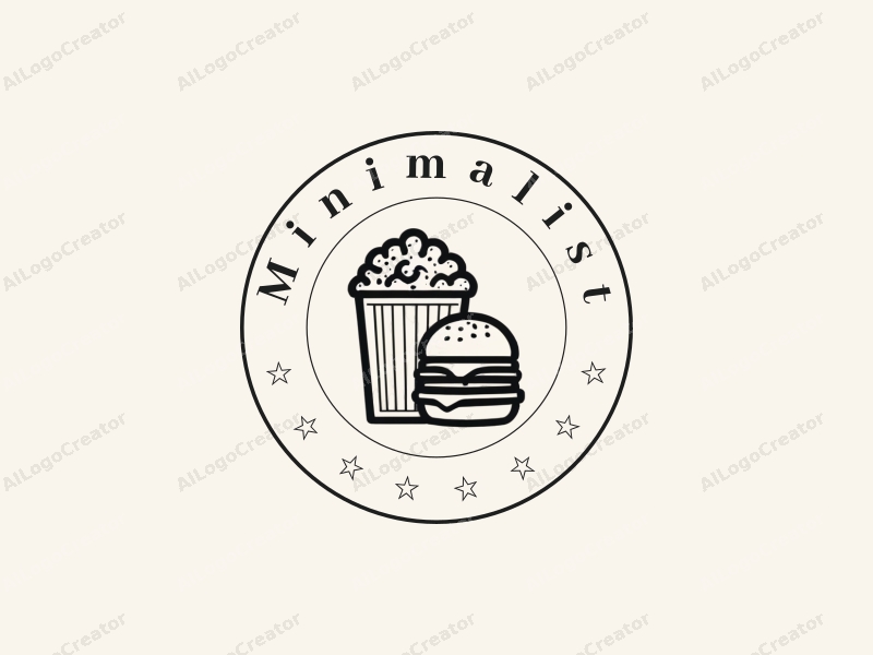 minimalist design features simple line art of popcorn and a hamburger, combined with a clean black and white background.