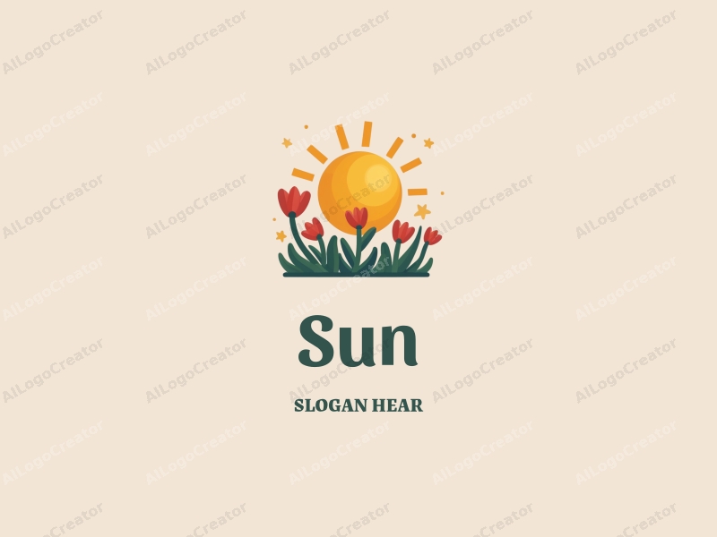 playful design features a stylized sun with rays, vibrant sunshine illuminating playful plants, combined with a clean background.