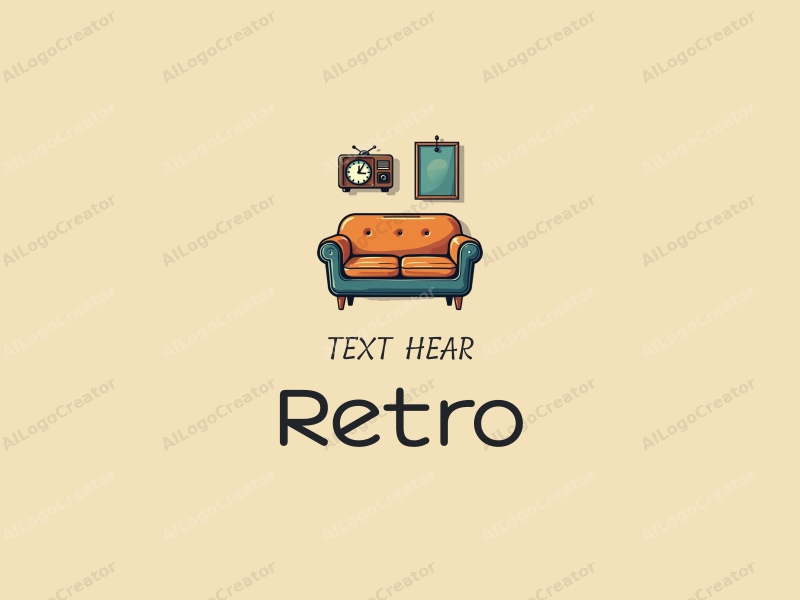 vintage design features a retro sofa and a vintage clock, combined with a technology icon and a retro poster, all set against a clean background.