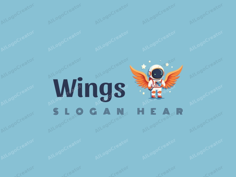 playful design features whimsical wings and an astronaut holding a coffee cup, combined with a clean blue background.