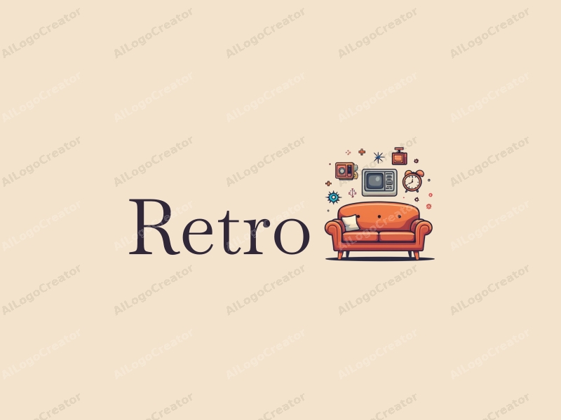 vintage design features a retro sofa and a vintage clock, combined with a technology icon and a retro poster, all set against a clean background.