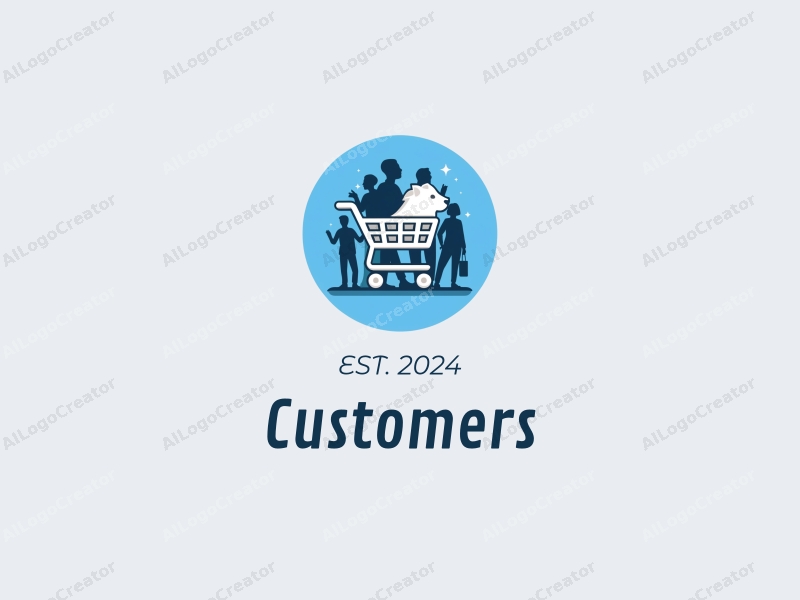 a modern design featuring a stylized shopping cart and a lion, representing strength and loyalty, combined with silhouettes of customers and shoppers, all set against a clean blue background.