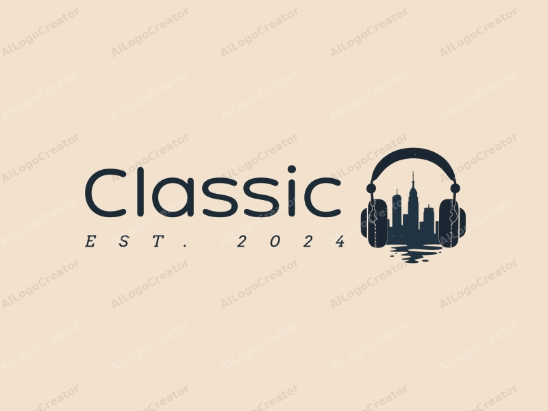 vintage design features a stylized city skyline integrated with classic headphones, using dark and neutral color palette, combined with a clean background.