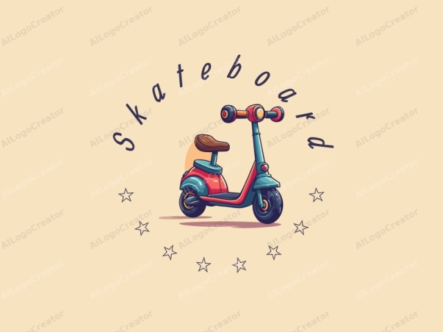 Spaßiges Design mit einem lebhaften Skateboard und Scooter mit dynamischen Rädern, kombiniert mit einem sauberen Hintergrund und einem Gefühl der Bewegung.