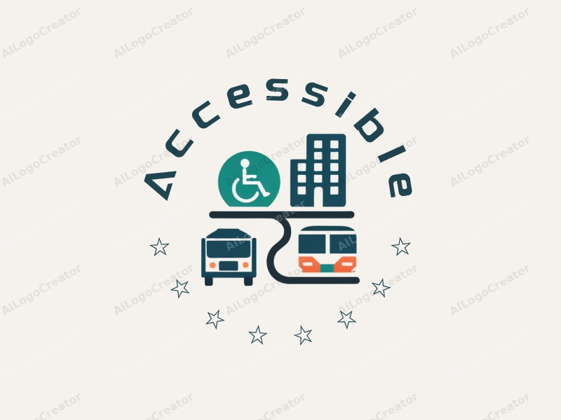 minimalist design features an accessibility pathway, a disability symbol, a stylized bus, and an office building, combined with a clean background and a modern design approach.