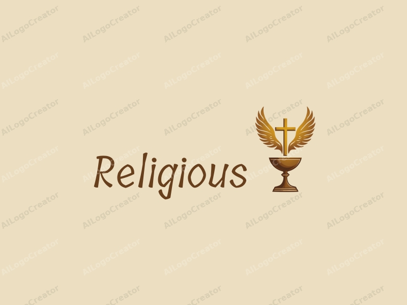 vintage design features a stylized cross, a chalice, and a dove, combined with a golden color palette and a clean background.