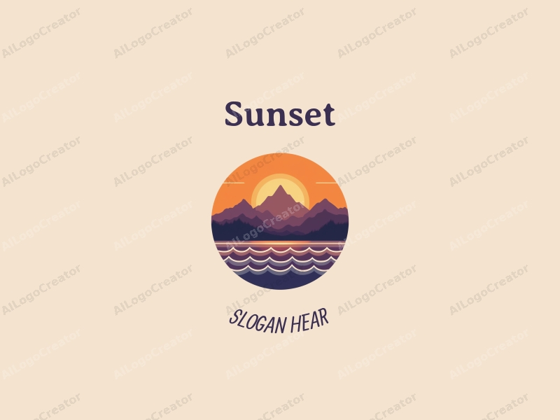 vintage design features a stylized sunset over mountains, with gentle waves in the foreground, using a harmonious blend of orange and purple colors against a clean background.