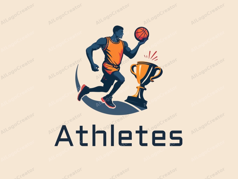 modern design features a dynamic athlete in motion, a stylized basketball, and a trophy, combined with a clean background and a harmonious composition.