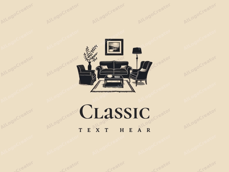 vintage design features classic furniture silhouettes, traditional art pieces, and a harmonious blend of dark and neutral colors combined with a clean background.