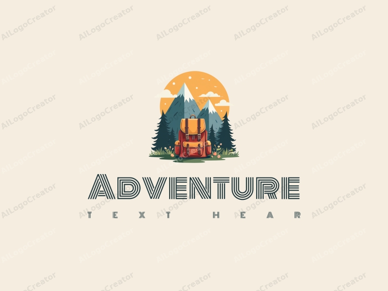 playful design features stylized mountains, a whimsical backpack, and elements of adventure and exploration combined with a clean background.