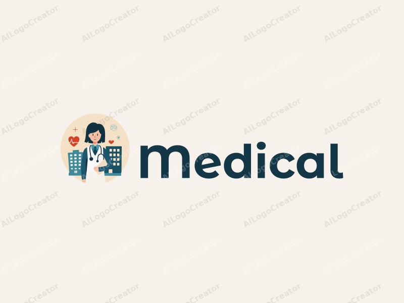 modern design features a stylized hospital silhouette, a doctor figure, a stethoscope, and a clipboard, combined with a clean background.