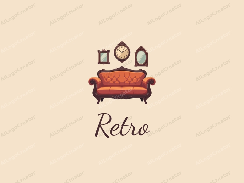 vintage design features a retro sofa, a nostalgic clock, and a vintage mirror, combined with a retro poster design approach and a clean background.