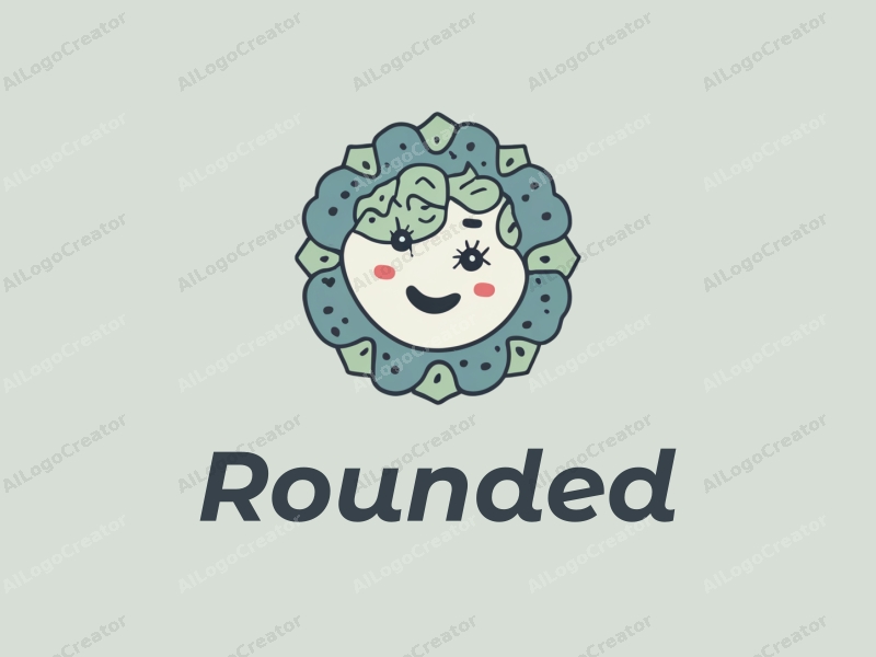 geometric design features circular shapes and curves, incorporating dessert elements and a smiling face, combined with a clean background in blue and green colors.