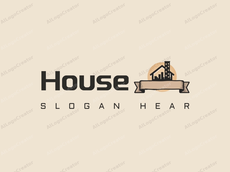 modern design features a stylized house and building silhouette, combined with a scroll element, using a clean background and a harmonious composition.