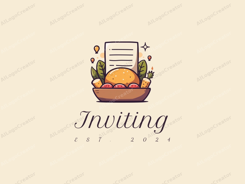 playful design features a stylized invitation card, warm colors, and elements of food and celebration, combined with a clean background.