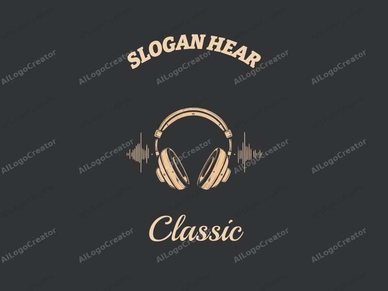 vintage design features stylized headphones intertwined with sound waves, incorporating classic and traditional elements, set against a clean, dark and neutral background.