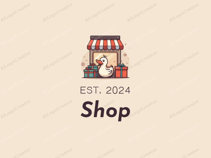 modern design features a stylized shop front, a playful duck, and gift boxes, combined with a clean background.