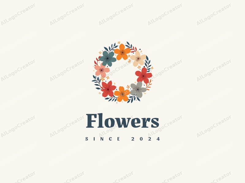 playful design features vibrant flowers and petals arranged in a circular wreath, complemented by playful leaves, all set against a clean background.