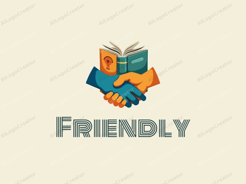 playful design features a stylized book and a handshake, combined with a clean background, emphasizing friendship and community in an educational and social context.