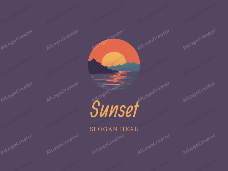 vintage design features a stylized sunset over a coastline with mountains in the background, using a harmonious blend of orange and purple colors, combined with a clean and simple layout.