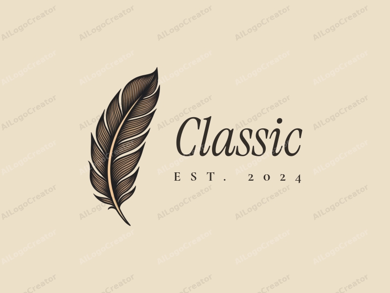 vintage design features a stylized feather intertwined with wood grain patterns, using dark and neutral tones, combined with a clean background.