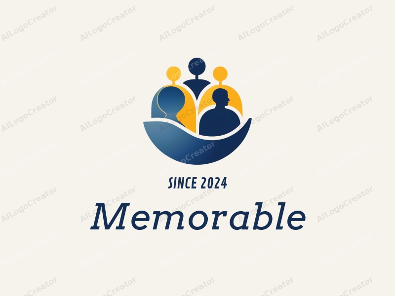 a modern minimalist design featuring abstract representations of memory and experience, incorporating stylized figures of students and recruiters, using a blue and yellow color palette, combined with a clean background.