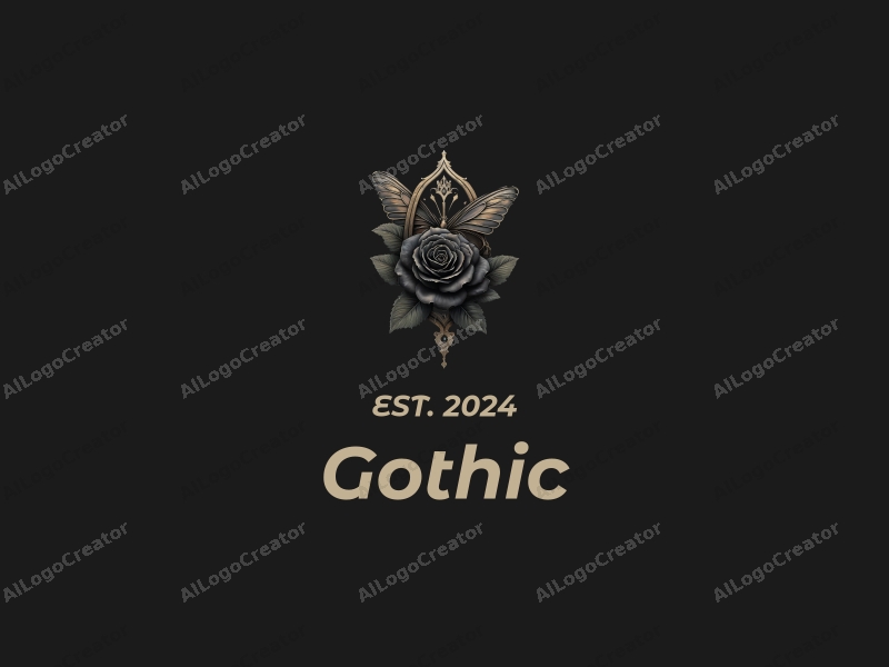 Gothic design features intricate Gothic architecture, elegant Gothic fashion elements, a black rose intertwined with a fluttering butterfly, combined with a dark and moody background.