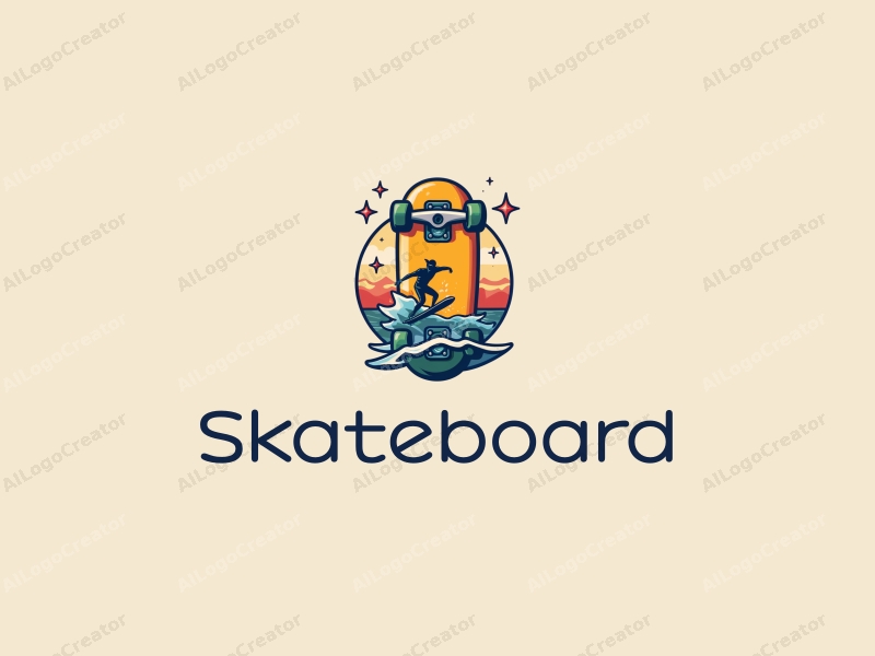 playful design features a vibrant skateboard, stylized stars, and surfing motifs combined with a clean background.