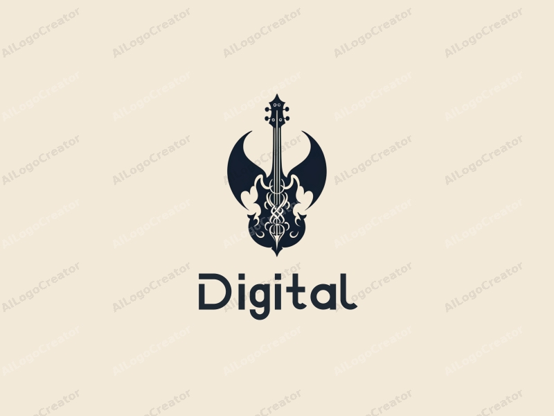 modern minimalist design features digital elements, a stylized musical instrument intertwined with a demon motif, combined with a clean background.