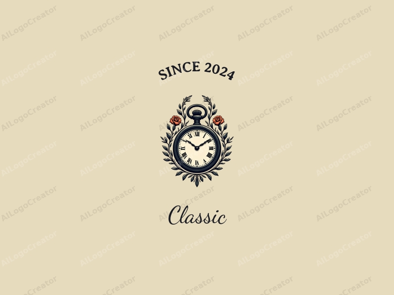 vintage design features a classic pocket watch intertwined with elegant floral elements, using dark and neutral colors, combined with a clean background.