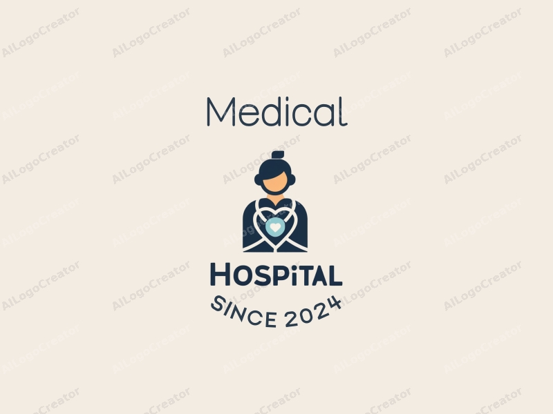 modern design features a stylized hospital silhouette, a doctor figure, a stethoscope intertwined with a heart, combined with a clean background.