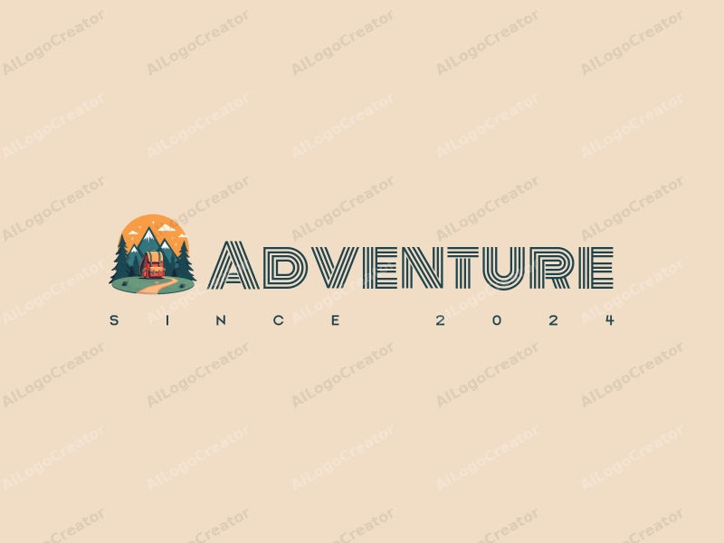 playful design features stylized mountains, a whimsical backpack, and elements of adventure and exploration combined with a clean background.