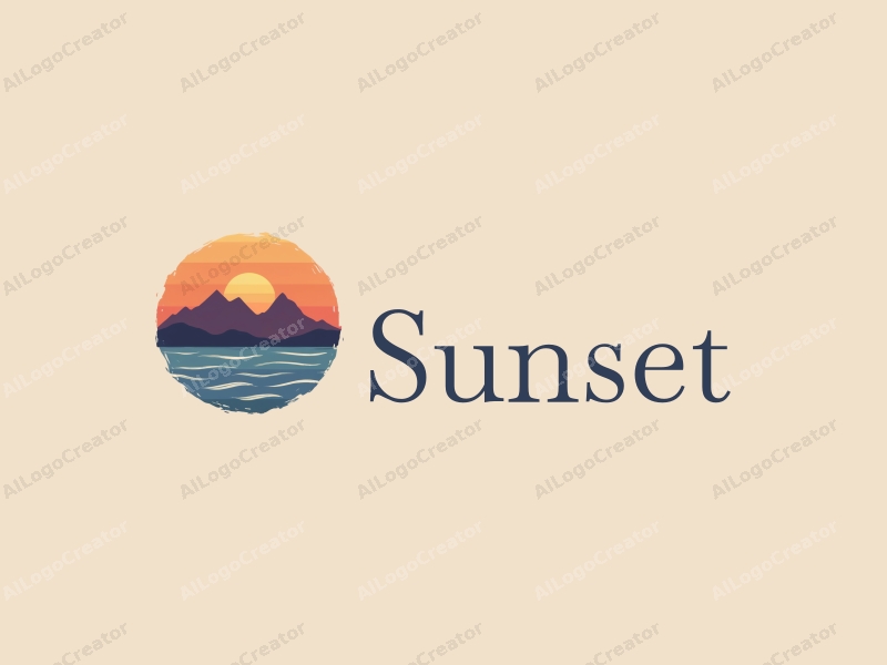 vintage design features a stylized sunset over mountains and ocean, with a harmonious blend of orange and purple colors, creating a serene and artistic atmosphere.