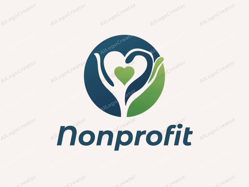 modern design features a stylized heart and hands symbolizing charity and volunteerism, combined with a clean background in blue and green tones.