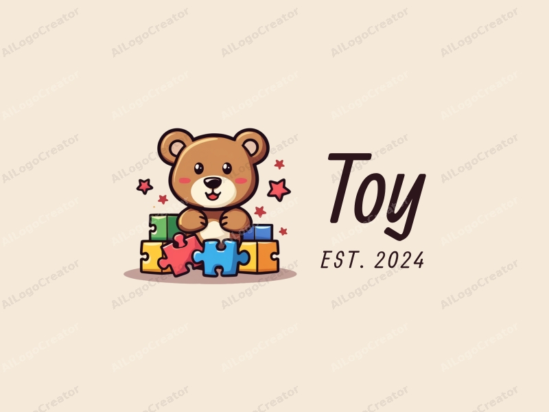 playful design features a stylized teddy bear, colorful puzzle pieces, and building blocks combined with a clean background.