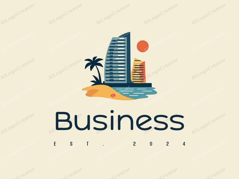 a modern design featuring a stylized office building and beach elements, combined with a clean background and a harmonious layout.