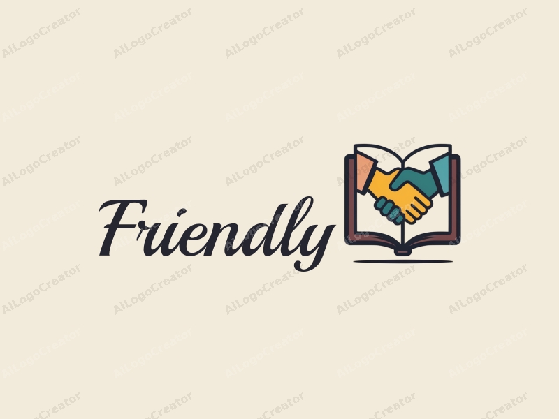 playful design features a stylized book and a handshake, combined with a clean background, emphasizing friendship and community in an educational and social context.